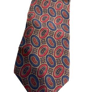 Vintage Franco Fossi Milan London 100% Silk Red Blue Oval Patterned Necktie